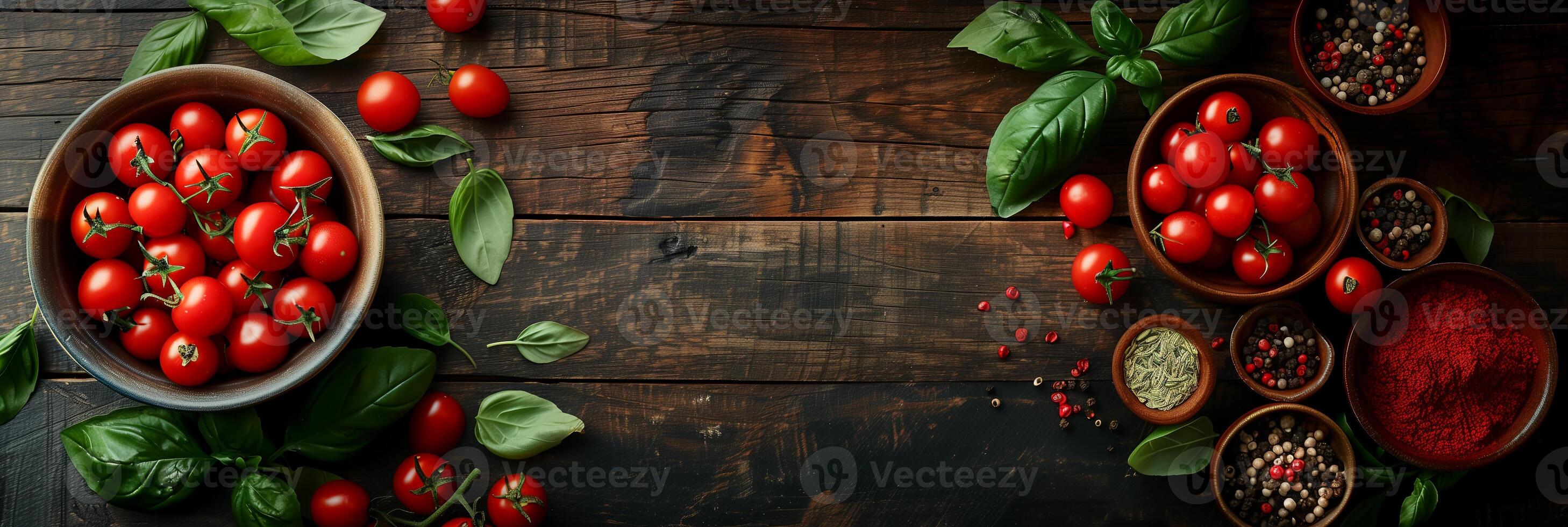 Fresh harvest of cherry tomatoes with spices and herbs on a dark wood table, picture photo