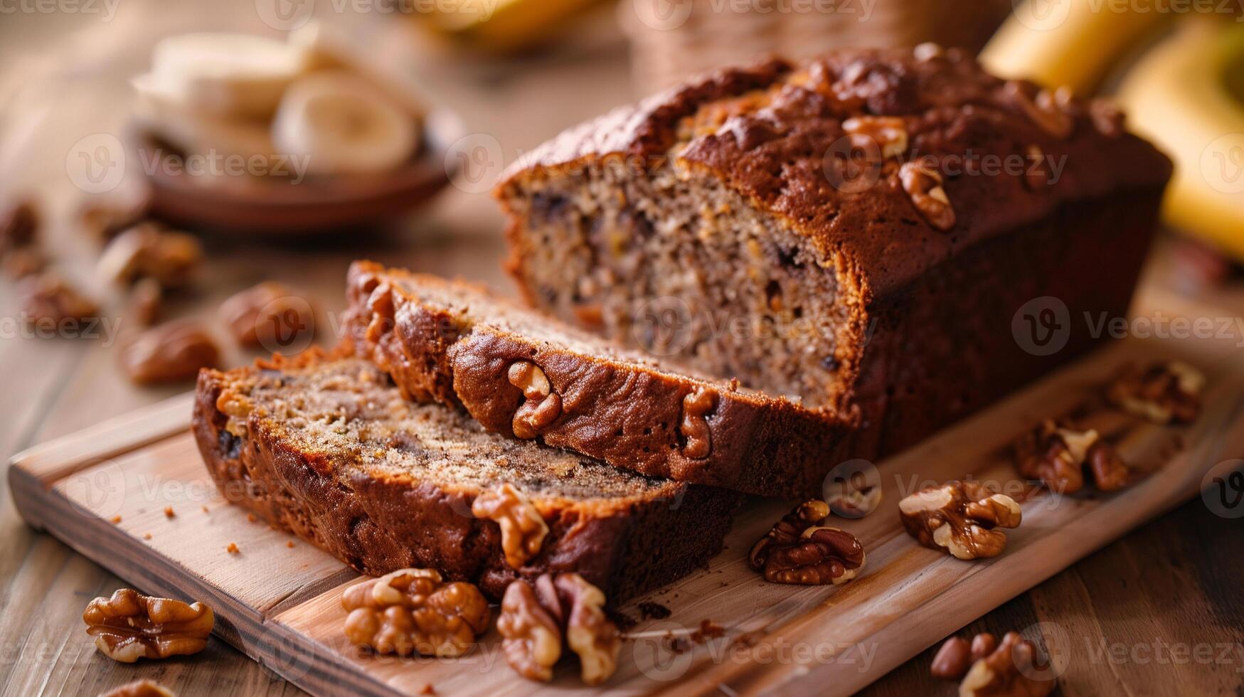 A freshly baked loaf of banana bread sliced to reveal its moist and tender crumb with walnuts scattered throughout, photo