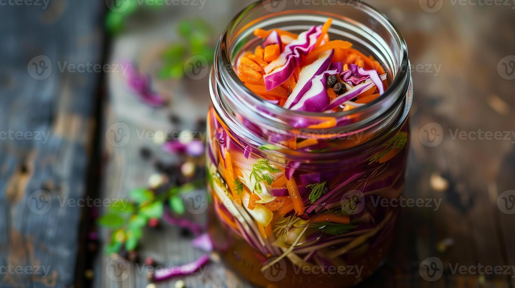Glass jar of chopped vegetables like carrots cabbage radishes in brine, picture photo