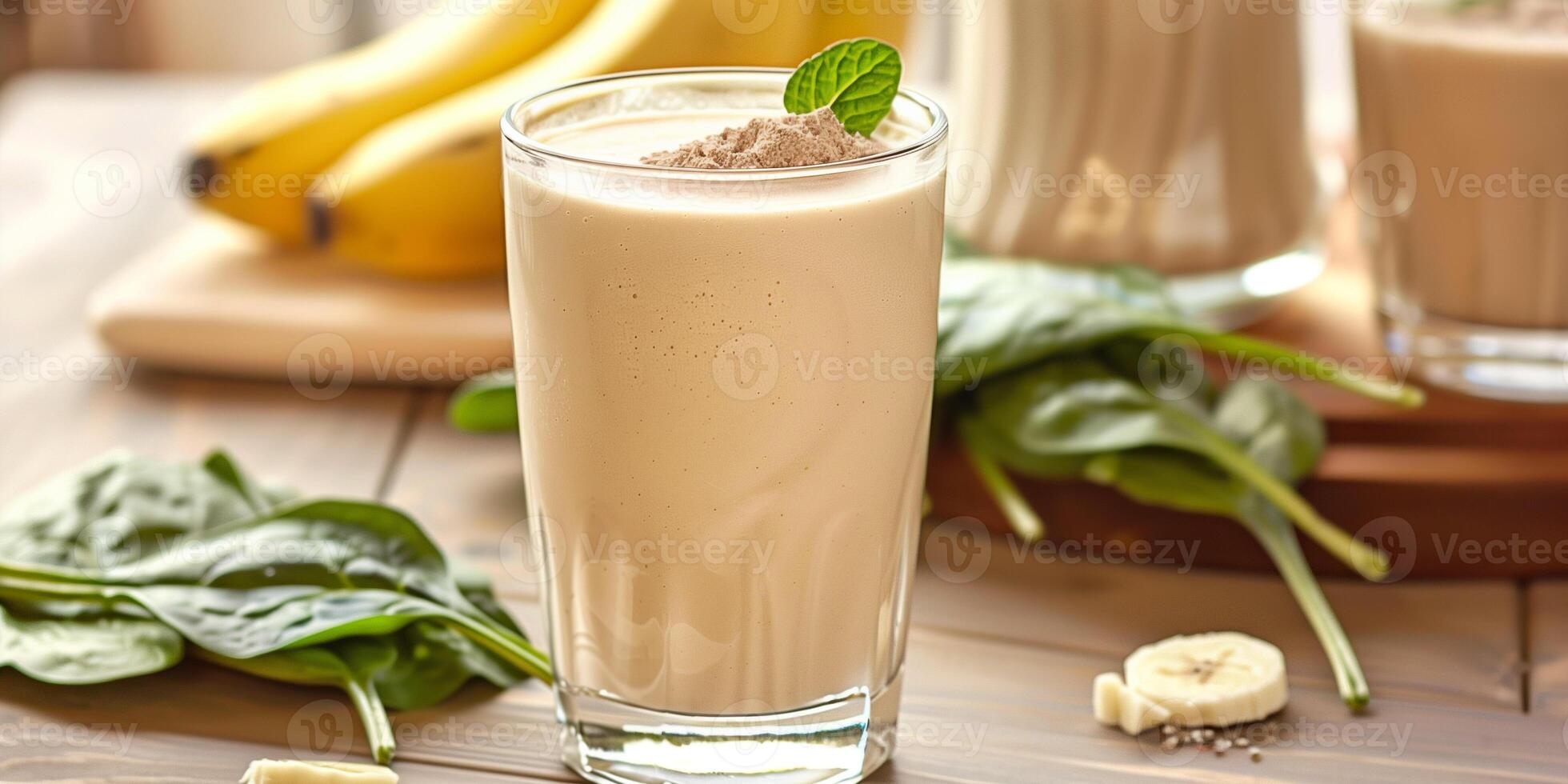 Glass of protein smoothie with spinach, banana, protein powder, almond milk, and mint leaf, photo