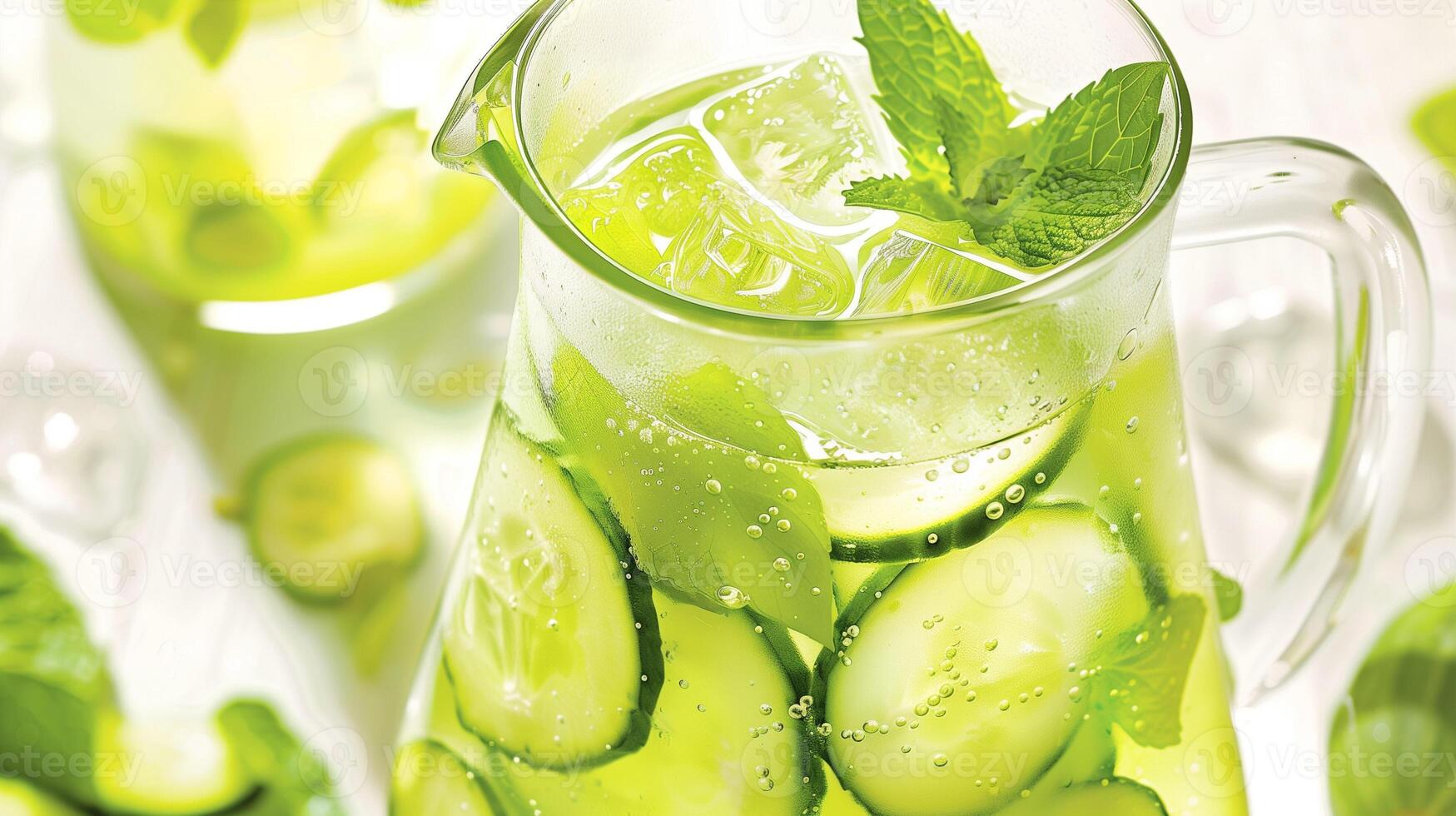 Glass of lemon-lime cucumber water with mint leaves served in a clear glass pitcher, photorealistic photo