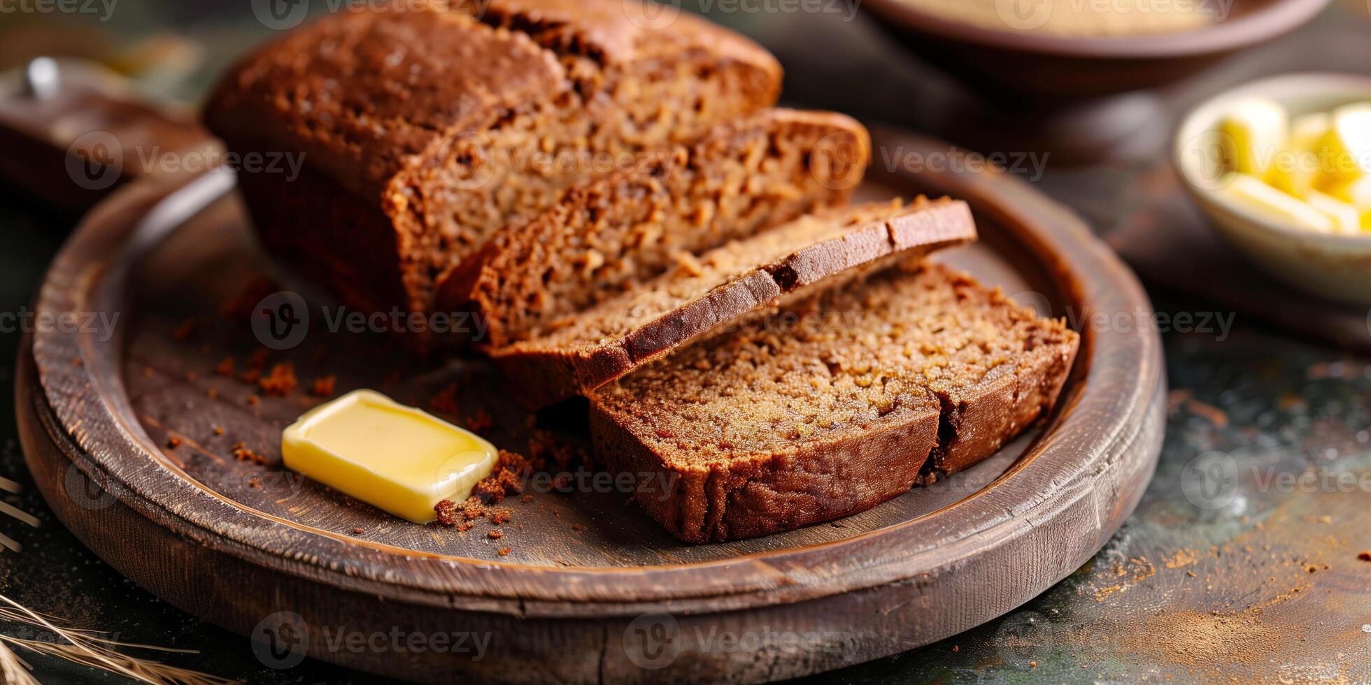 Gluten-free zucchini bread spiced with cinnamon and nutmeg, served with melting butter, picture photo