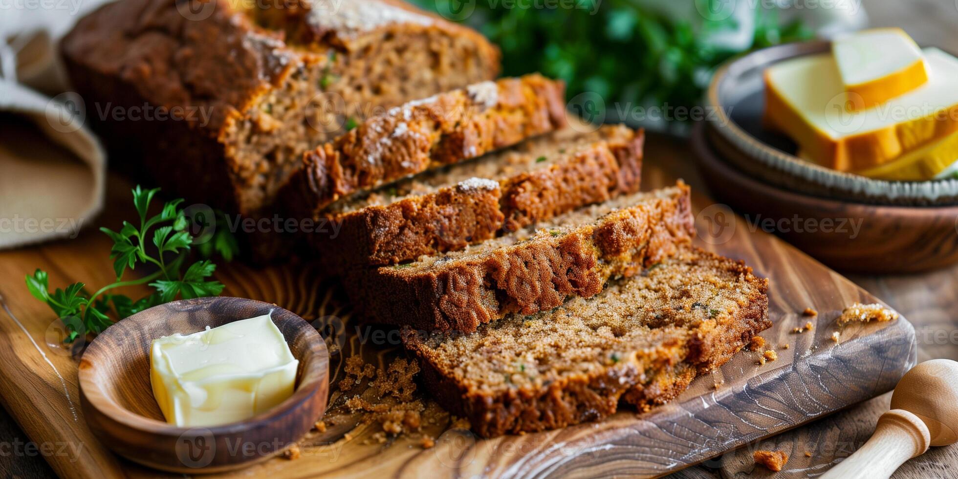 Gluten-free zucchini bread spiced with cinnamon and nutmeg, served with melting butter, photorealistic photo