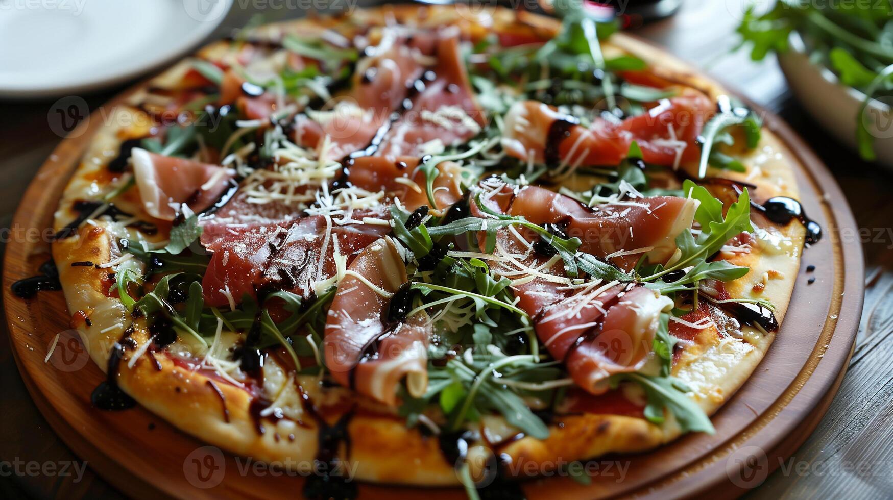 Gourmet pizza with prosciutto arugula shaved Parmesan and balsamic glaze on a wooden pizza board, photo