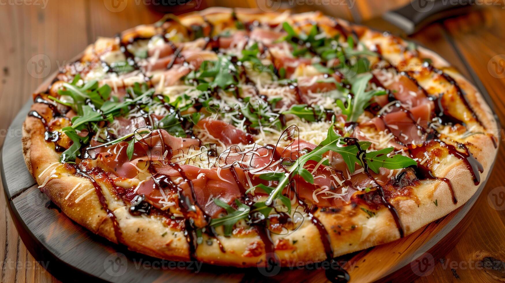 Gourmet pizza with prosciutto arugula shaved Parmesan and balsamic glaze on a wooden pizza board, picture photo