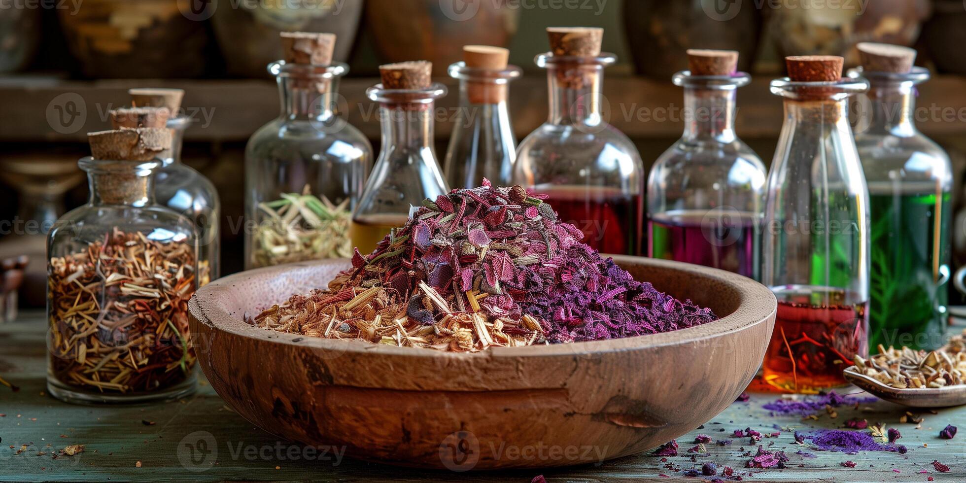 Heap of crushed madder roots in wooden bowl, surrounded by bottles of dye solutions, picture photo