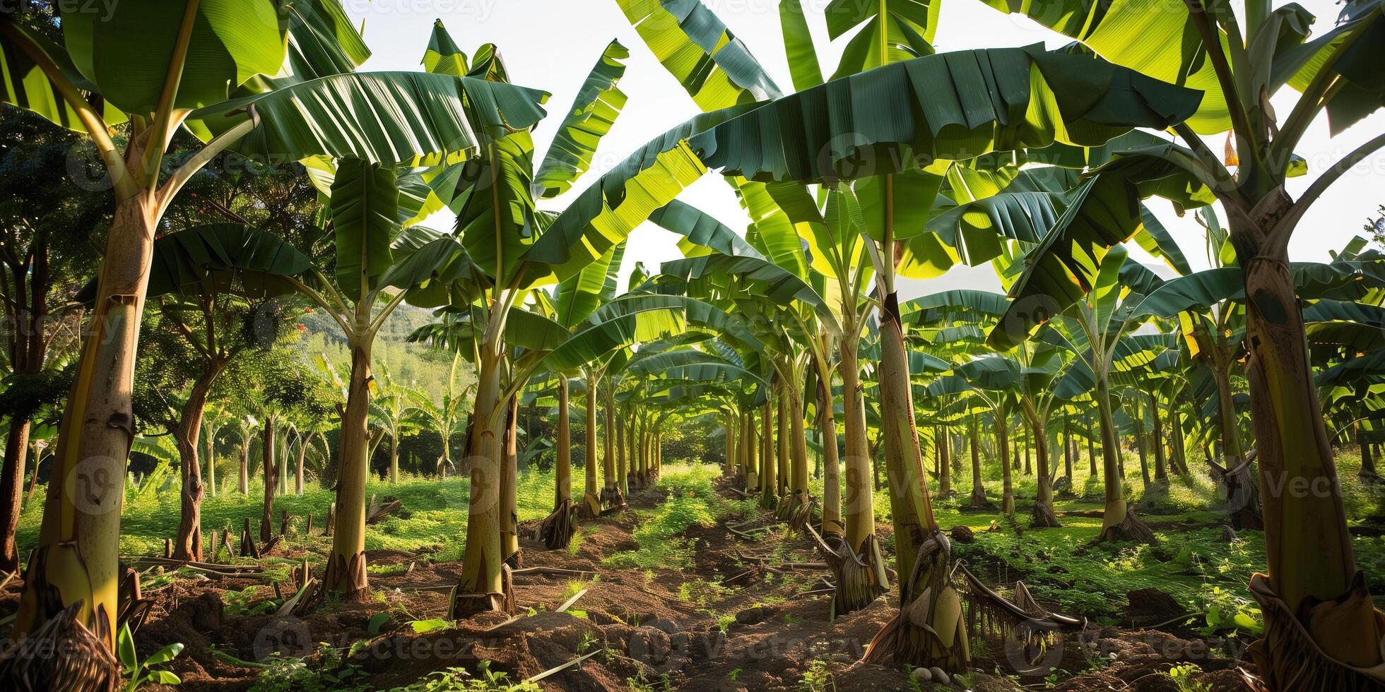 Grove of banana trees with broad, waxy leaves rustling in the tropical breeze, photography photo
