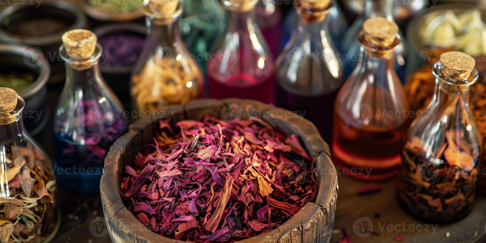Heap of crushed madder roots in wooden bowl, surrounded by bottles of dye solutions, photo