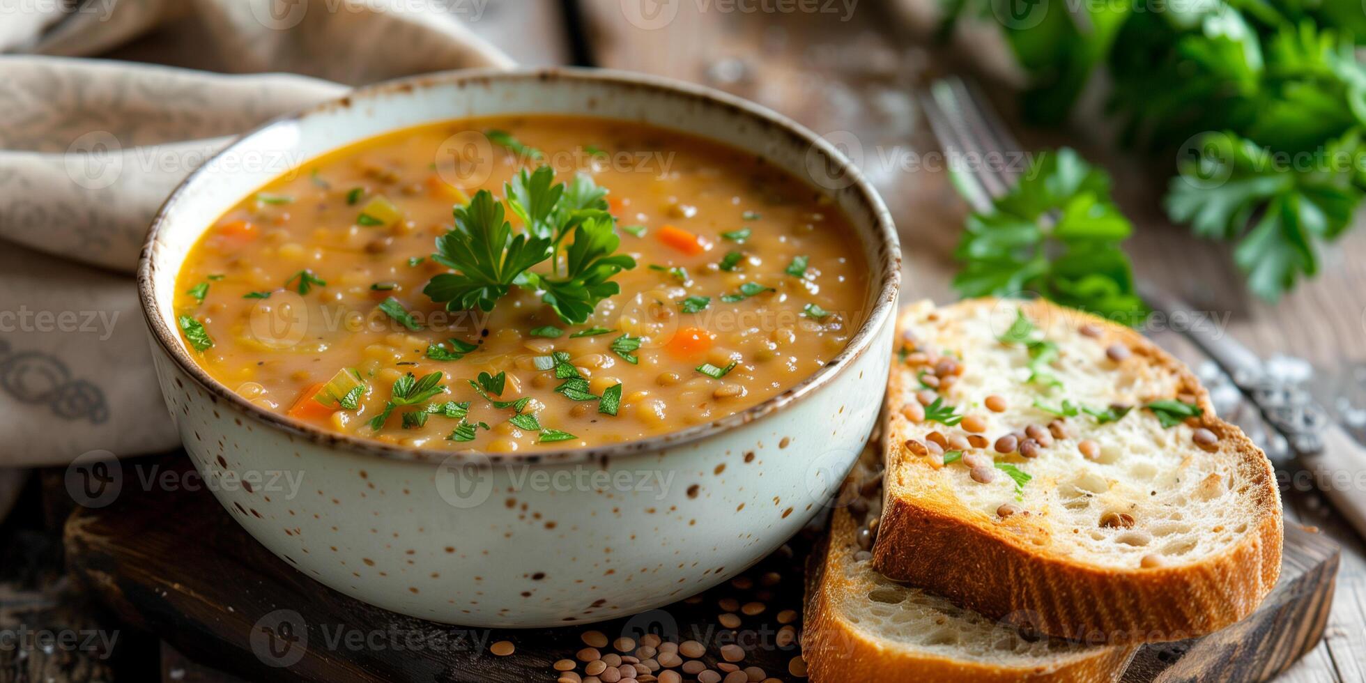 Hearty lentil soup with parsley and whole-grain bread, photorealistic photo