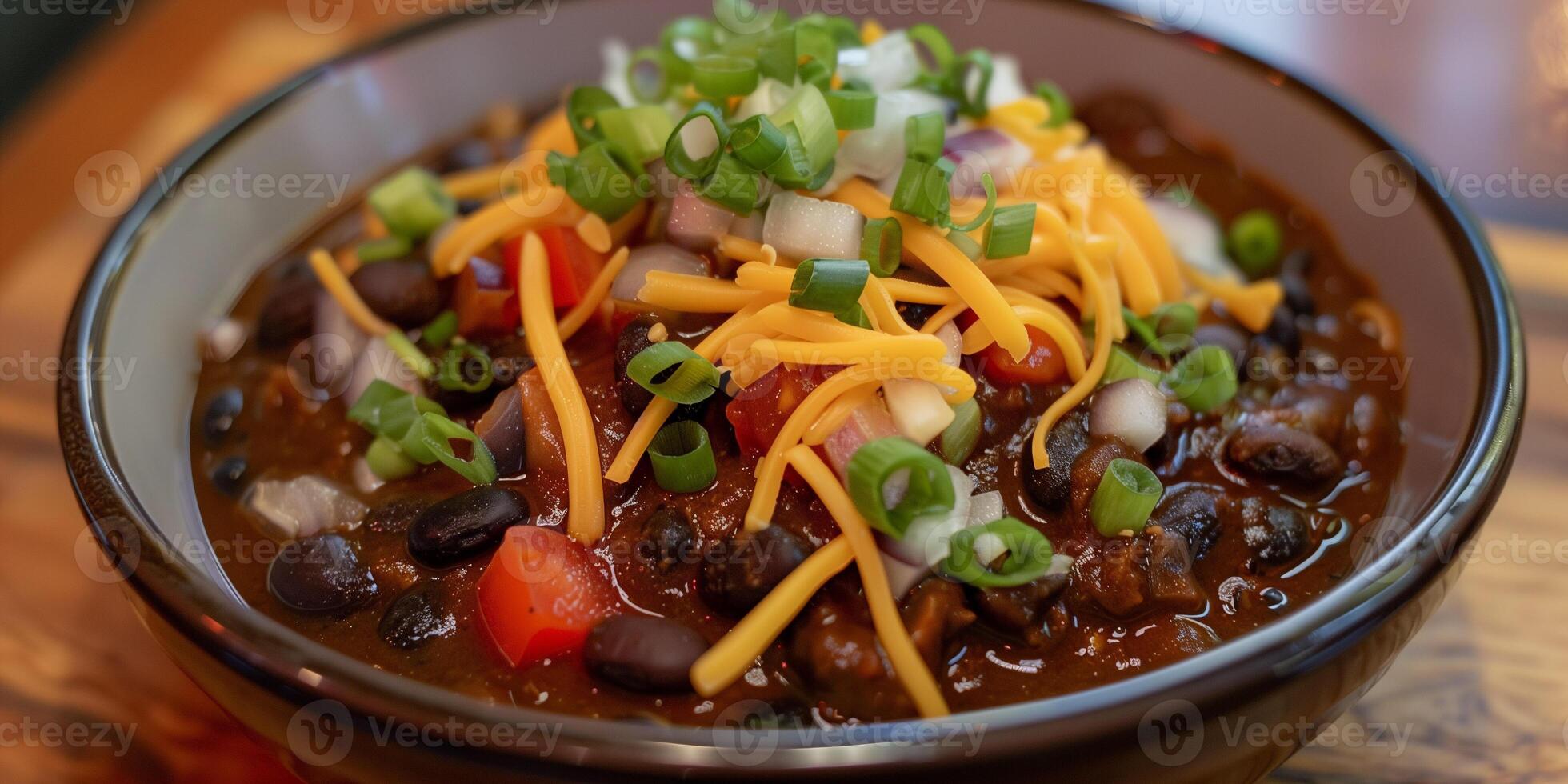 Black bean chili with diced tomatoes, onions, bell peppers, topped with cheddar cheese and green onions, photorealistic photo