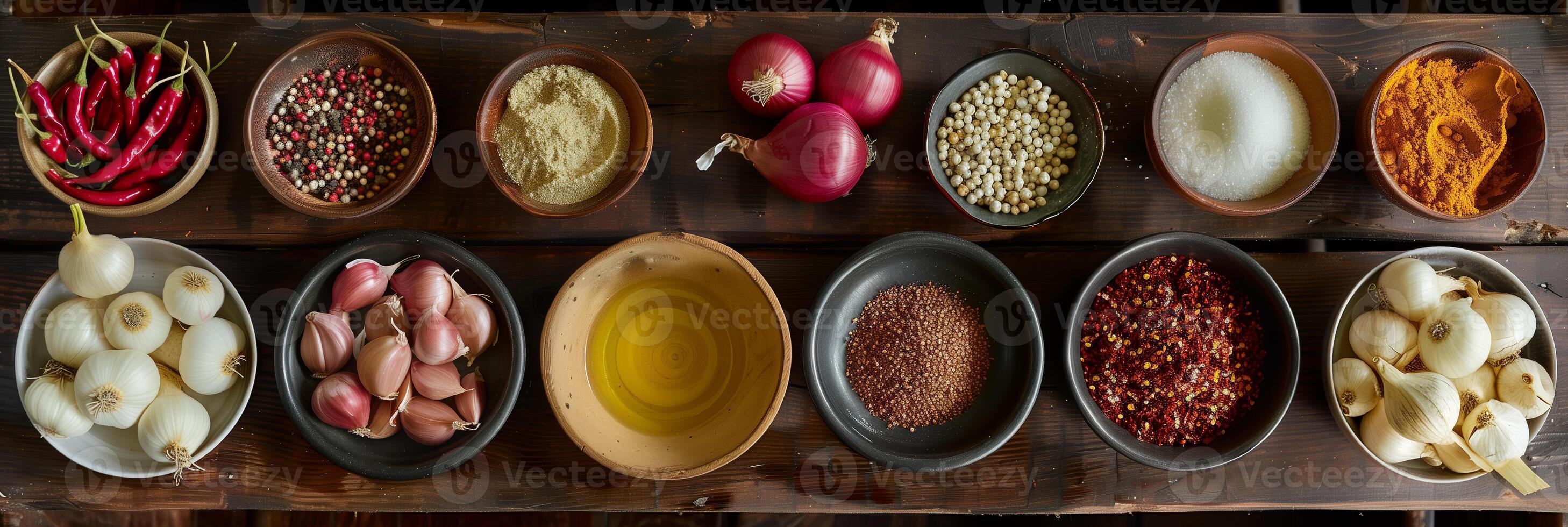 High-definition image of wooden kitchen table with ingredients including onions, fresh ginger, garlic, red chili powder, turmeric powder, top down view, picture photo