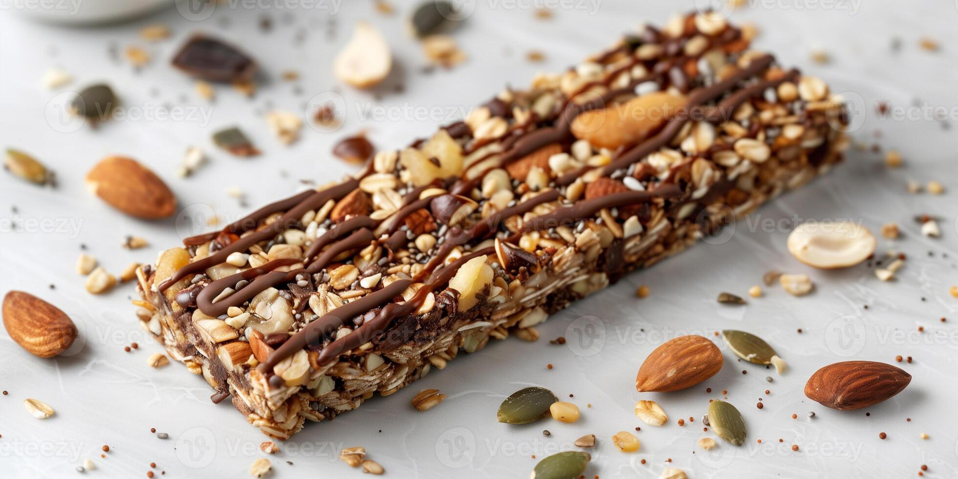 Keto granola bar filled with nuts, seeds, and a drizzle of sugar-free chocolate, photography photo