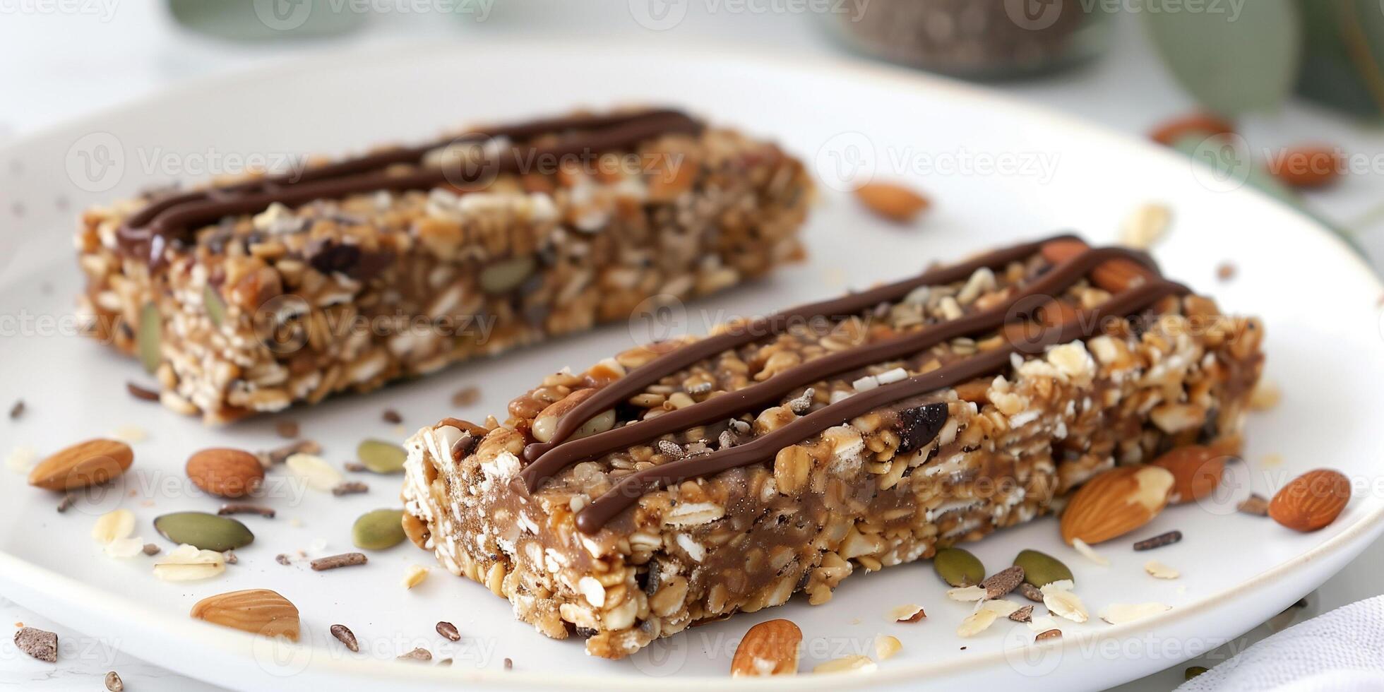 Keto granola bar filled with nuts, seeds, and a drizzle of sugar-free chocolate, photo