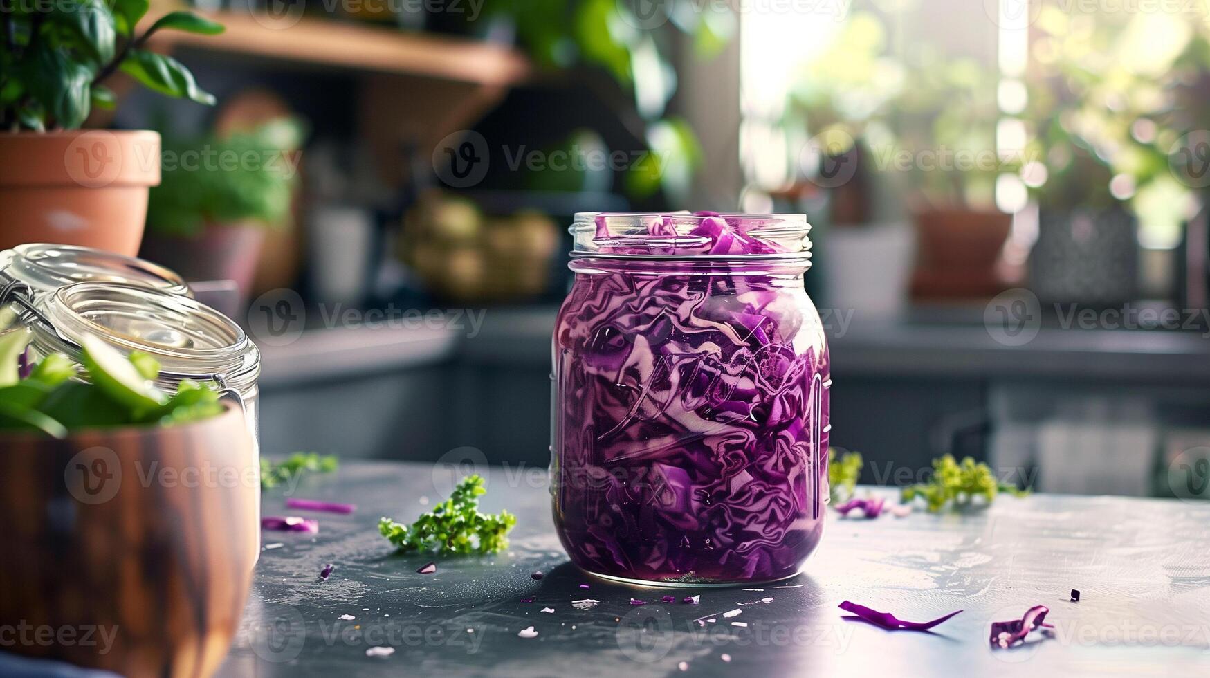 A jar filled with shredded red cabbage in brine placed on a kitchen counter for fermentation, picture photo