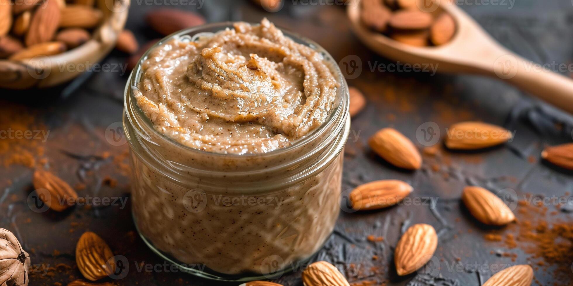 Jar of homemade creamy almond butter with wooden spoon and scattered almonds, photorealistic photo
