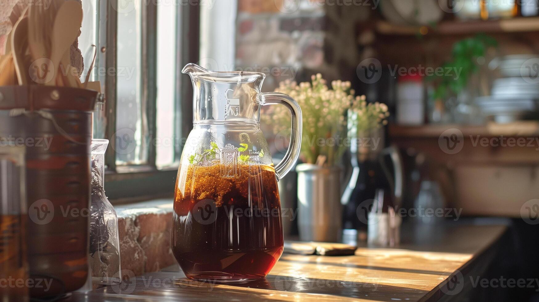 Large jug of dark brown kvass a traditional fermented drink made from bread on a counter, photography photo