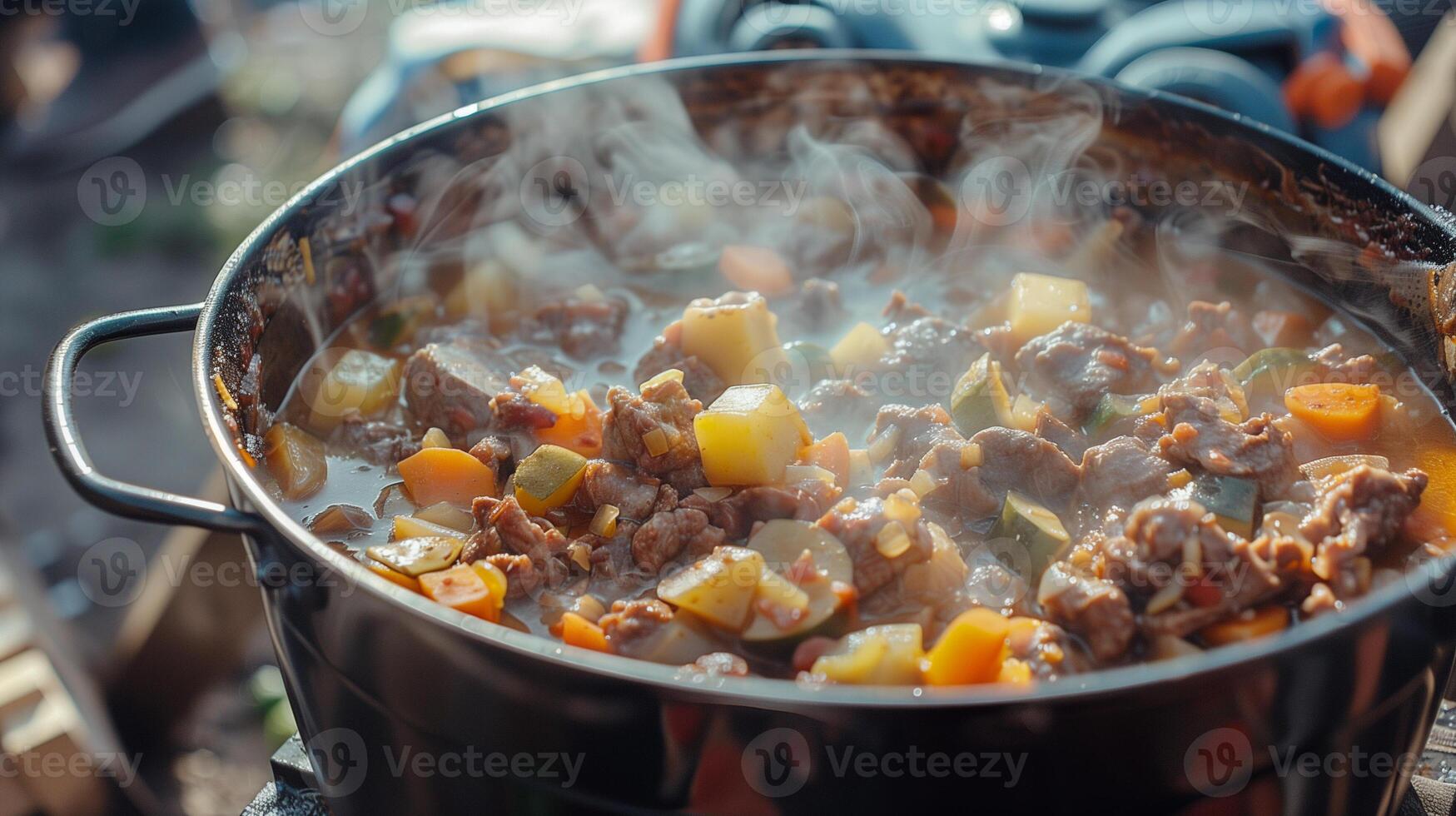 A large pot of hearty stew simmering on a portable stove filled with vegetables and chunks of meat steam wafting upwards, picture photo