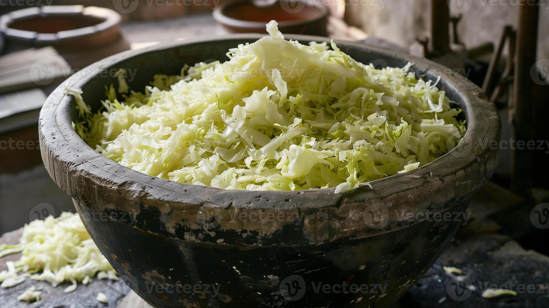 Stone crock of freshly shredded sauerkraut ready for fermentation, photo