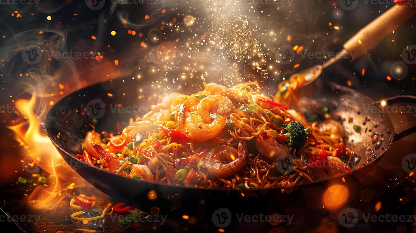 A large wok filled with stir-fried noodles vegetables and shrimp glistening with a savory sauce under the streetlights, photography photo