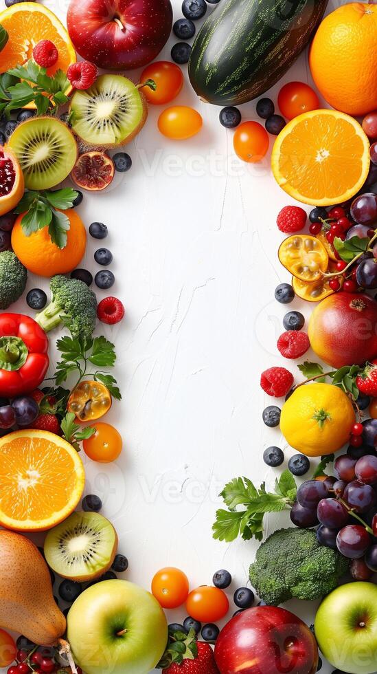 Lower border of fruits and vegetables on a white background, photo