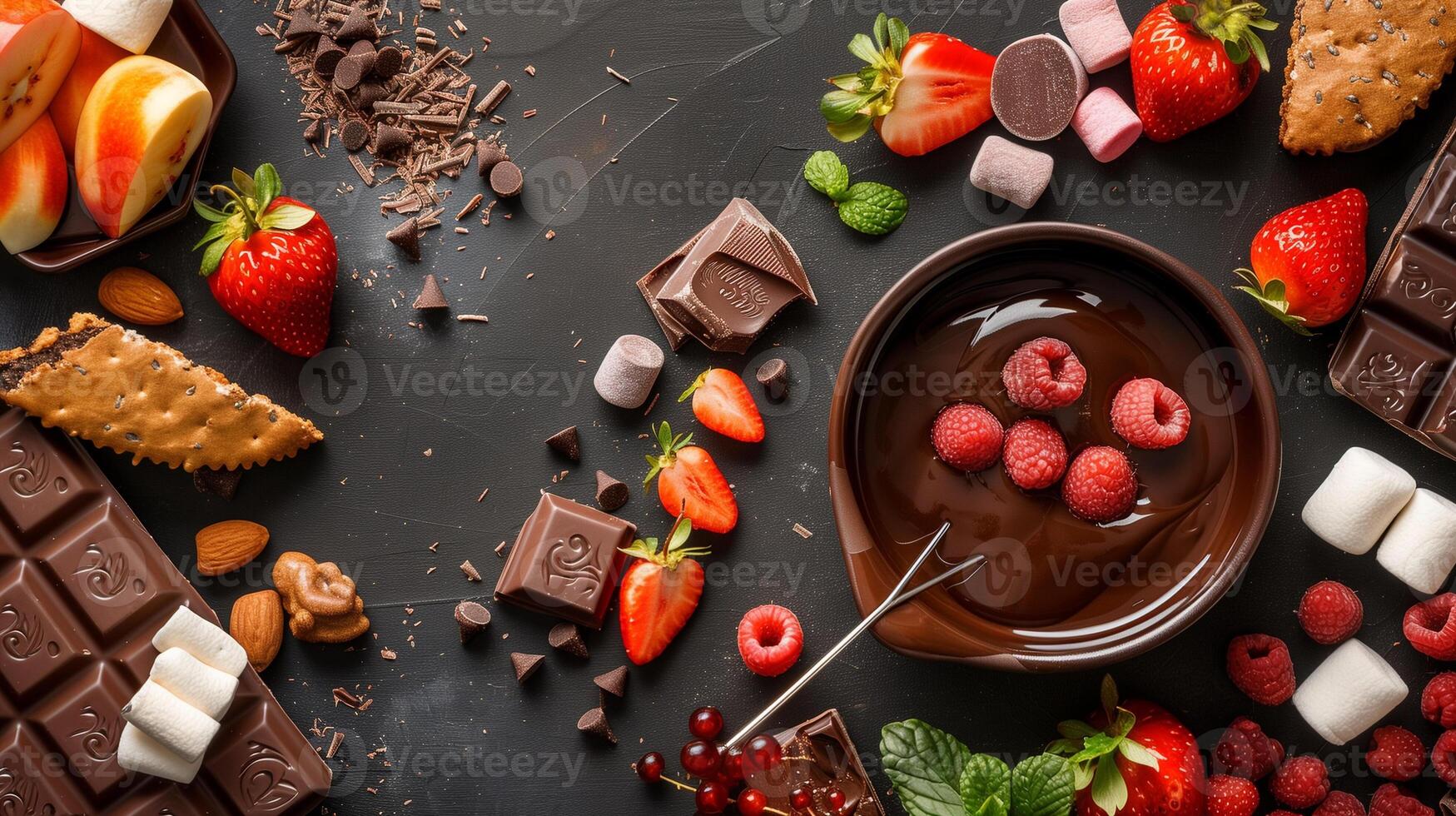 Luxurious chocolate fondue set with melted dark chocolate fruits marshmallows and biscuits for dipping, photorealistic photo