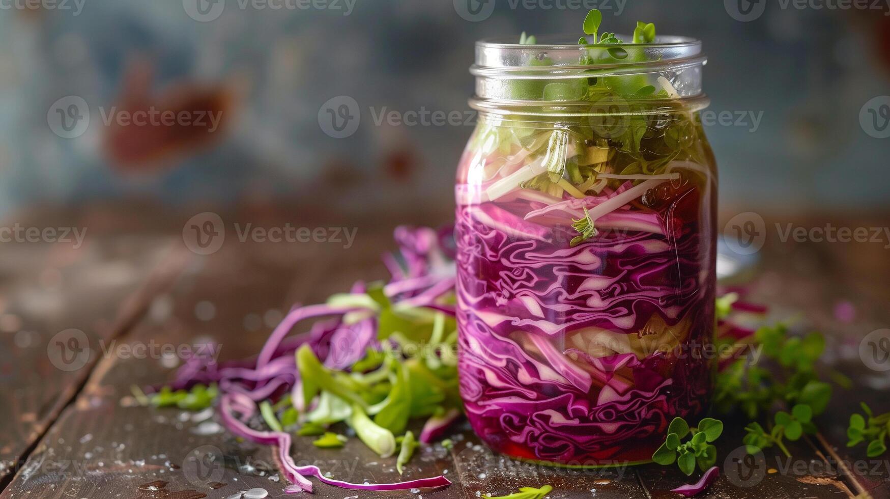 A mason jar with layers of purple and green cabbage submerged in brine slowly fermenting, photorealistic photo