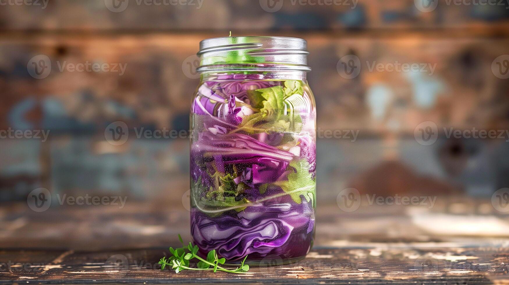 A mason jar with layers of purple and green cabbage submerged in brine slowly fermenting, picture photo