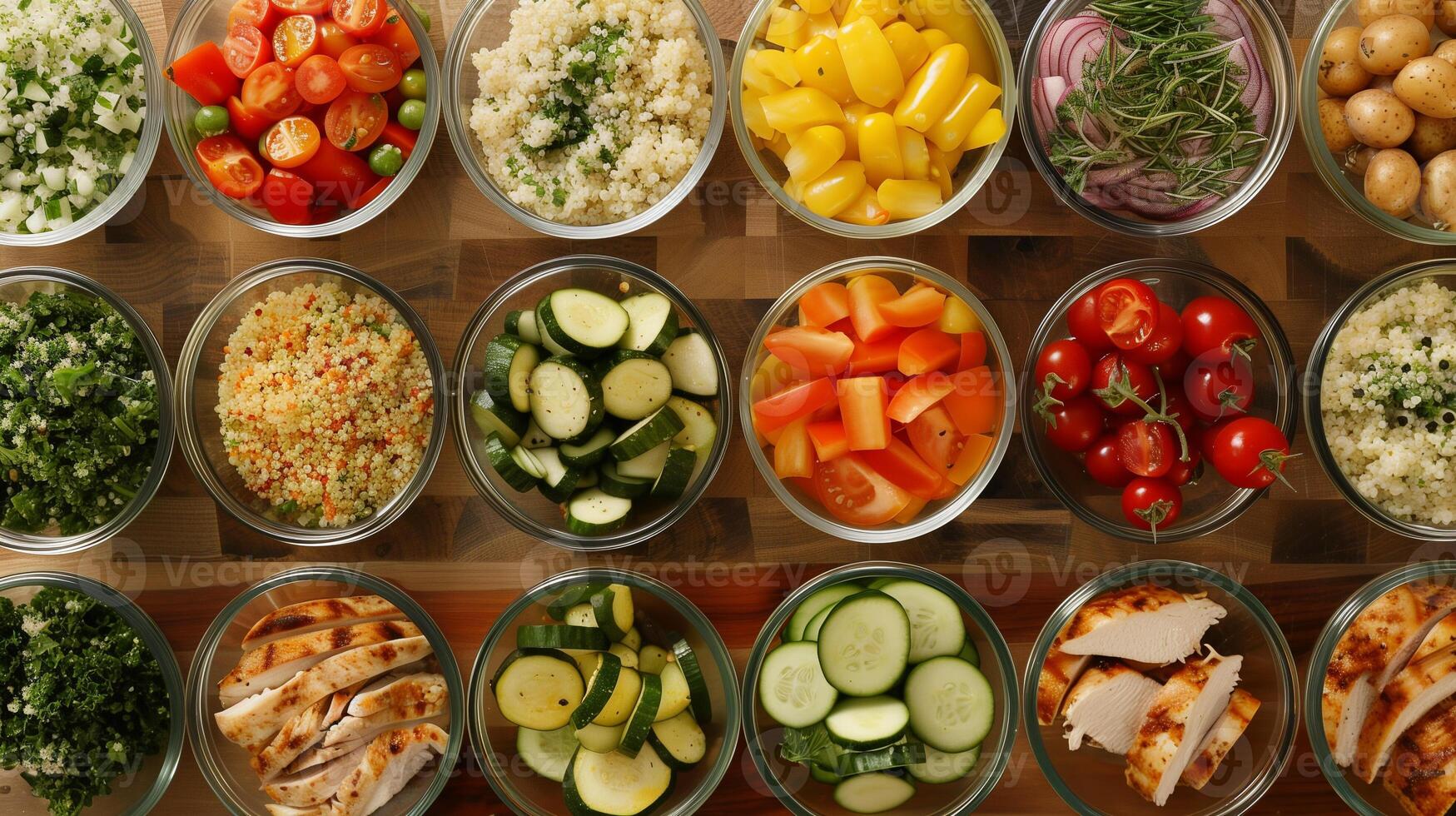 Meal prep station with roasted vegetables grilled chicken quinoa portioned into containers, photorealistic photo