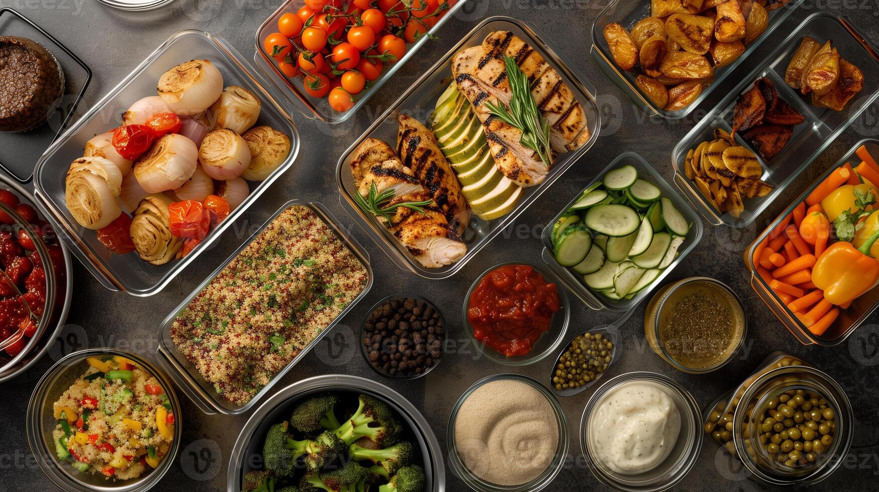 Meal prep station with roasted vegetables grilled chicken quinoa portioned into containers, photography photo