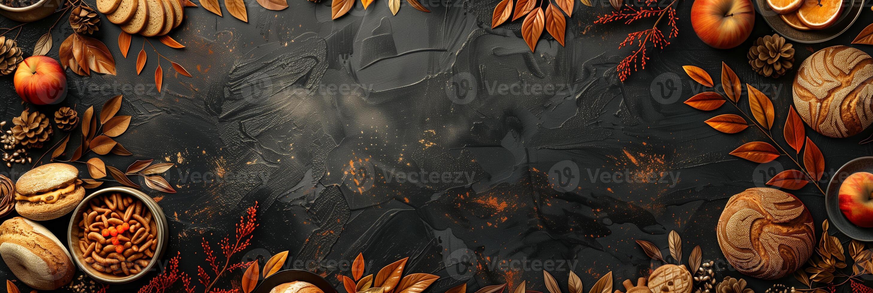Bakery menu featuring breads, cookies, and desserts, styled in dark amber and orange tones, photography photo