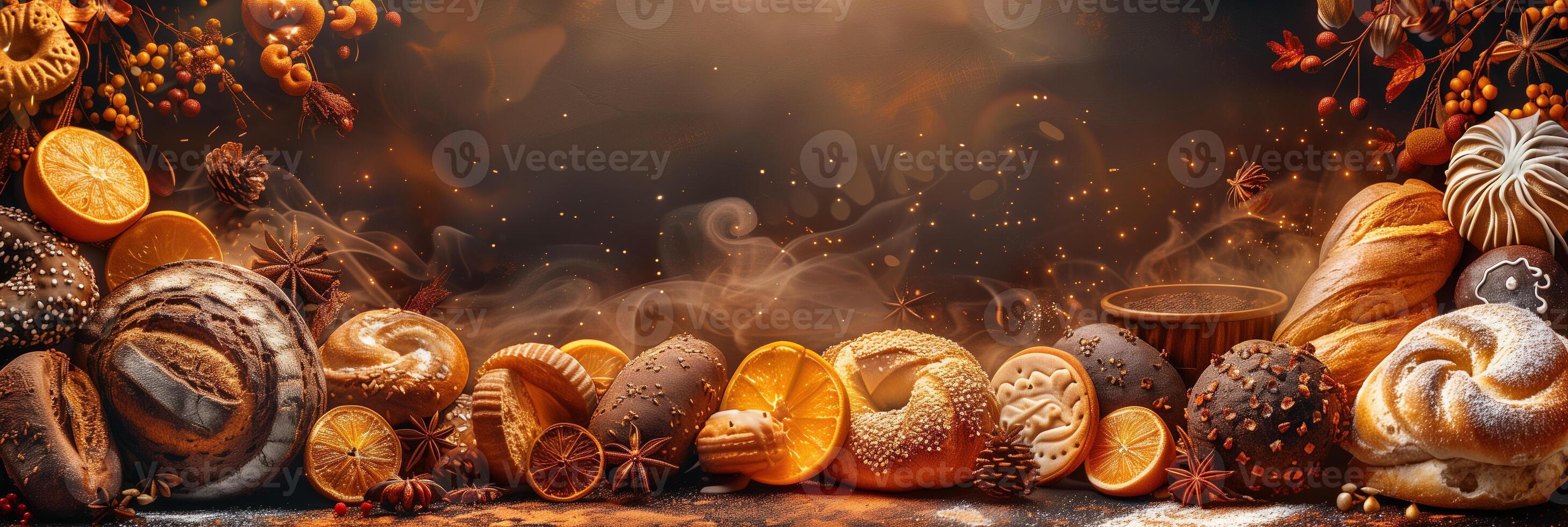 Bakery menu featuring breads, cookies, and desserts, styled in dark amber and orange tones, picture photo
