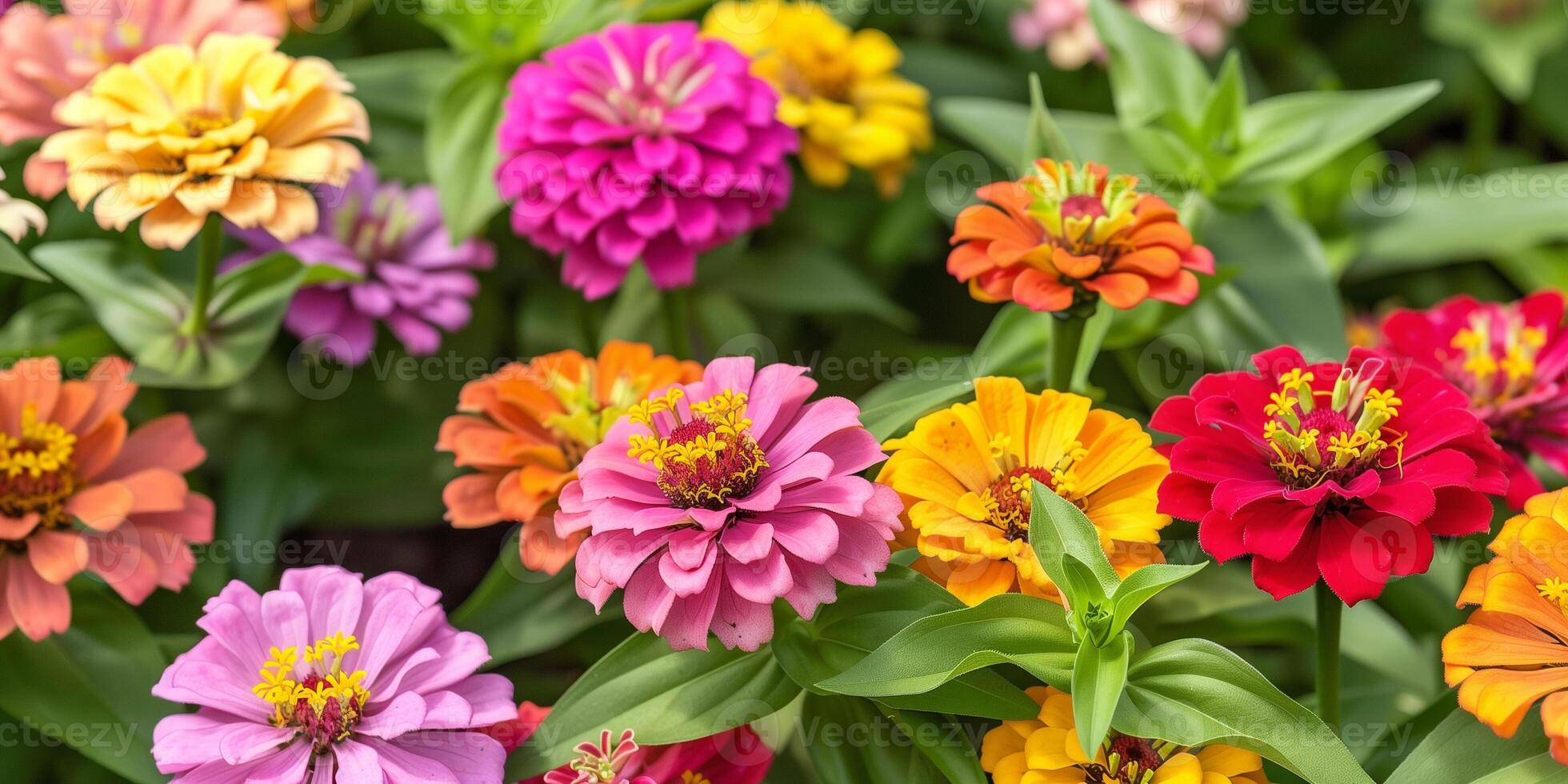 Mix of colorful zinnia flowers creating a vibrant patchwork in a sunny, well-tended flowerbed, picture photo