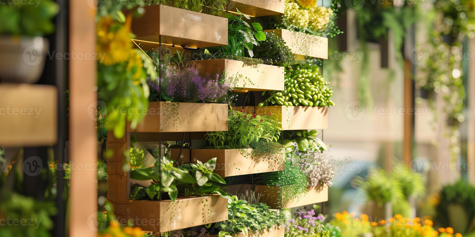 Modular vertical garden structure, housing a variety of aromatic spices, photorealistic photo