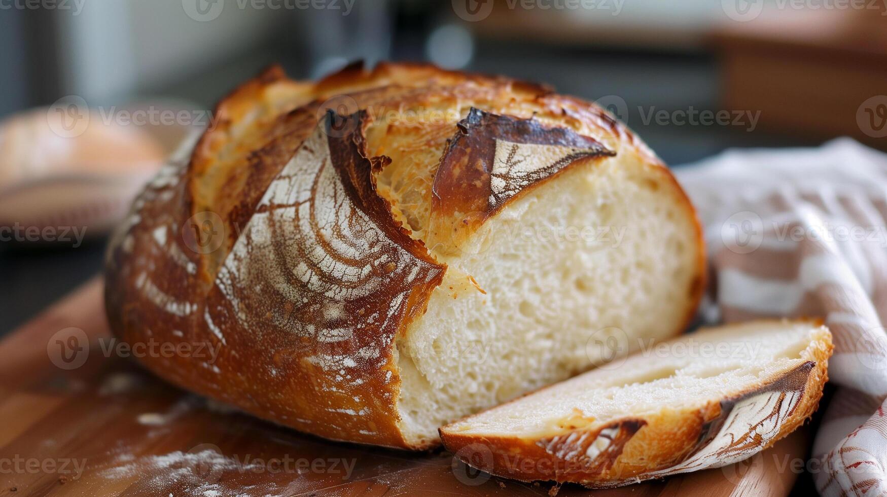 Perfectly baked loaf of sourdough bread with golden crusty exterior and soft airy crumb sliced and ready to serve, photorealistic photo