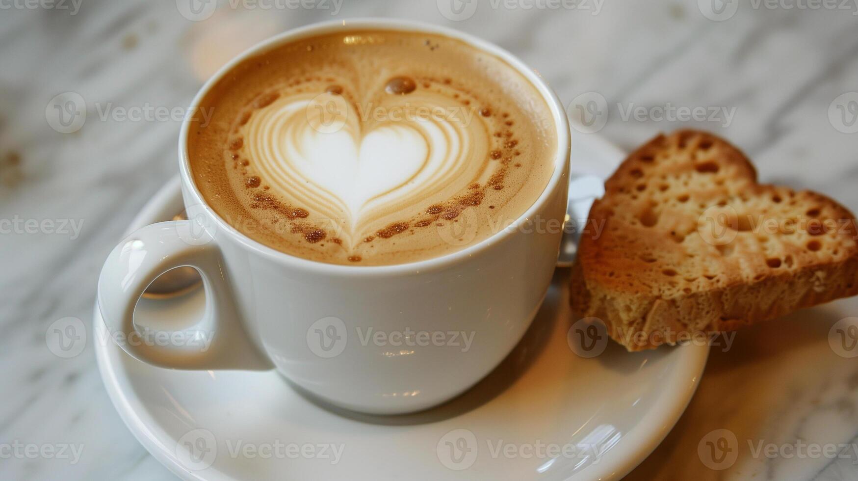 Perfectly brewed cappuccino with heart-shaped latte art in a white ceramic cup with biscotti, photo