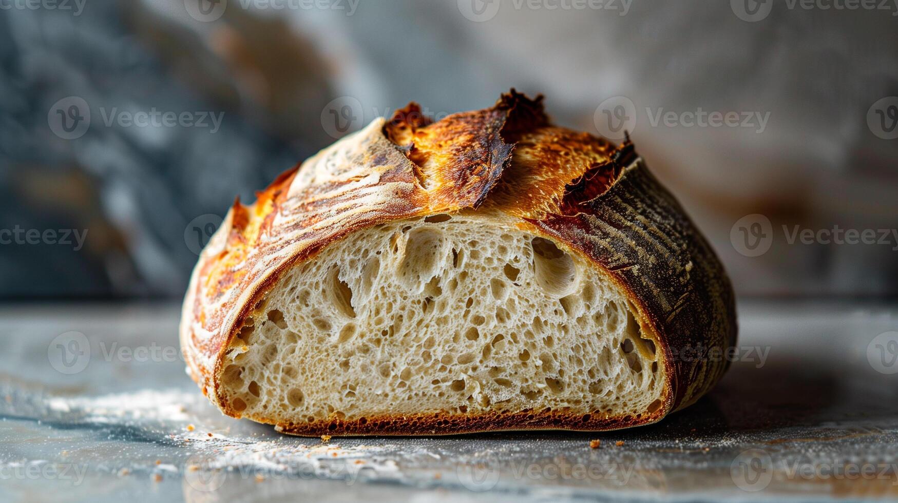 Perfectly baked loaf of sourdough bread with golden crusty exterior and soft airy crumb sliced and ready to serve, photography photo
