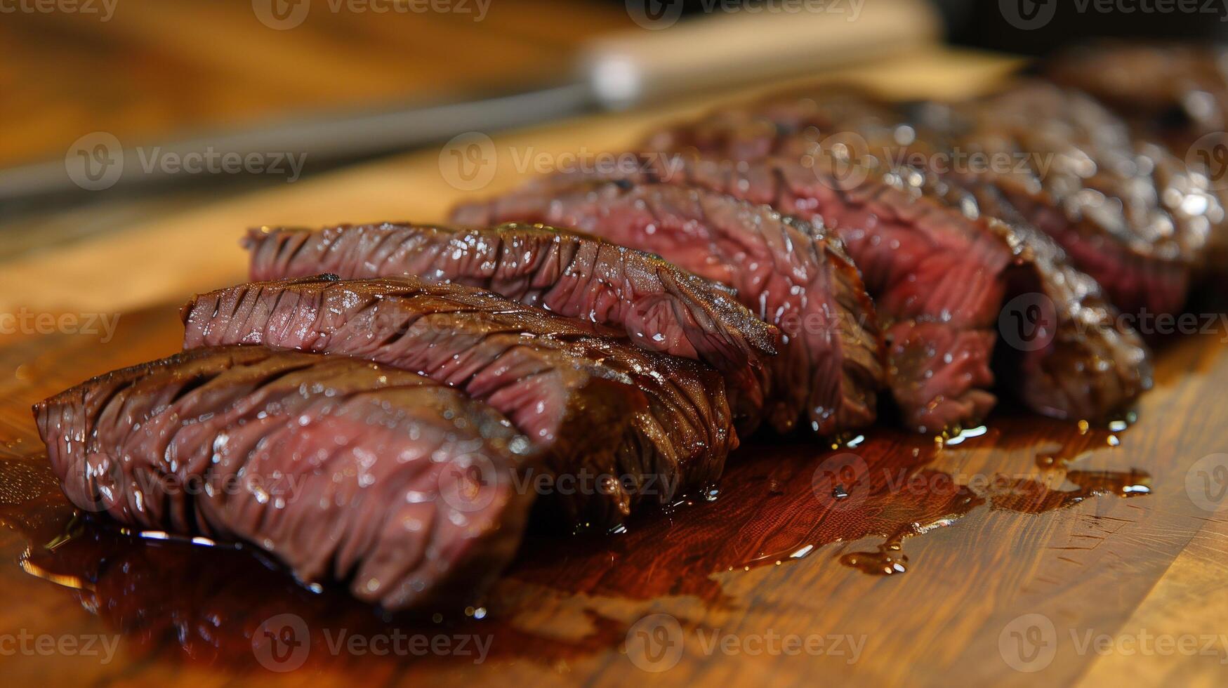 A perfectly cooked medium-rare steak sliced thinly and displayed on a cutting board juices pooling at the edges, photorealistic photo