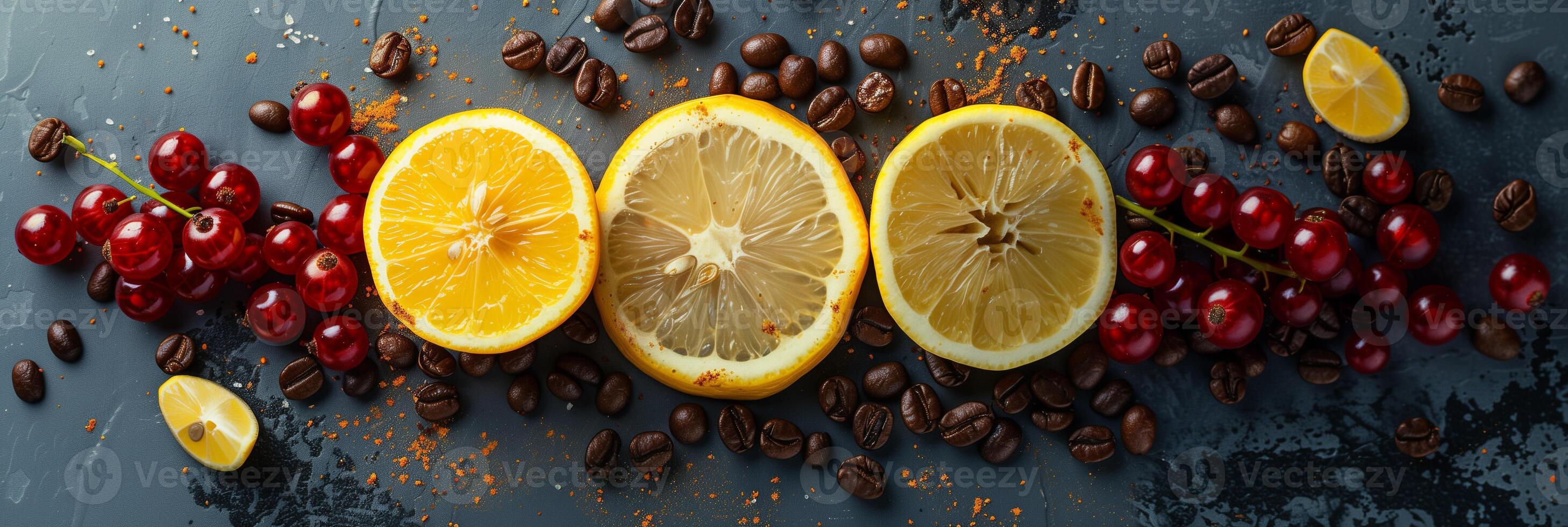Overhead photo of sliced lemons, red currants, caramel, nutmeg, and coffee beans on a flat surface, photography