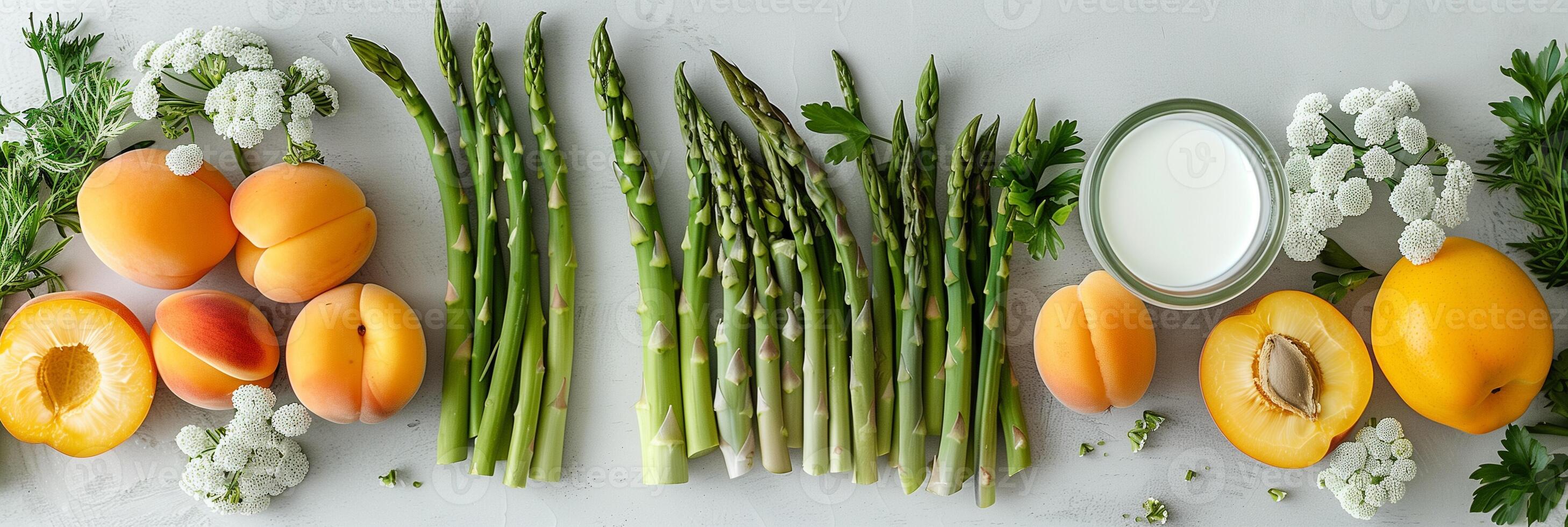Top view table with asparagus, apricots, nectarines, and milk, white space in the middle, minimalistic, photo