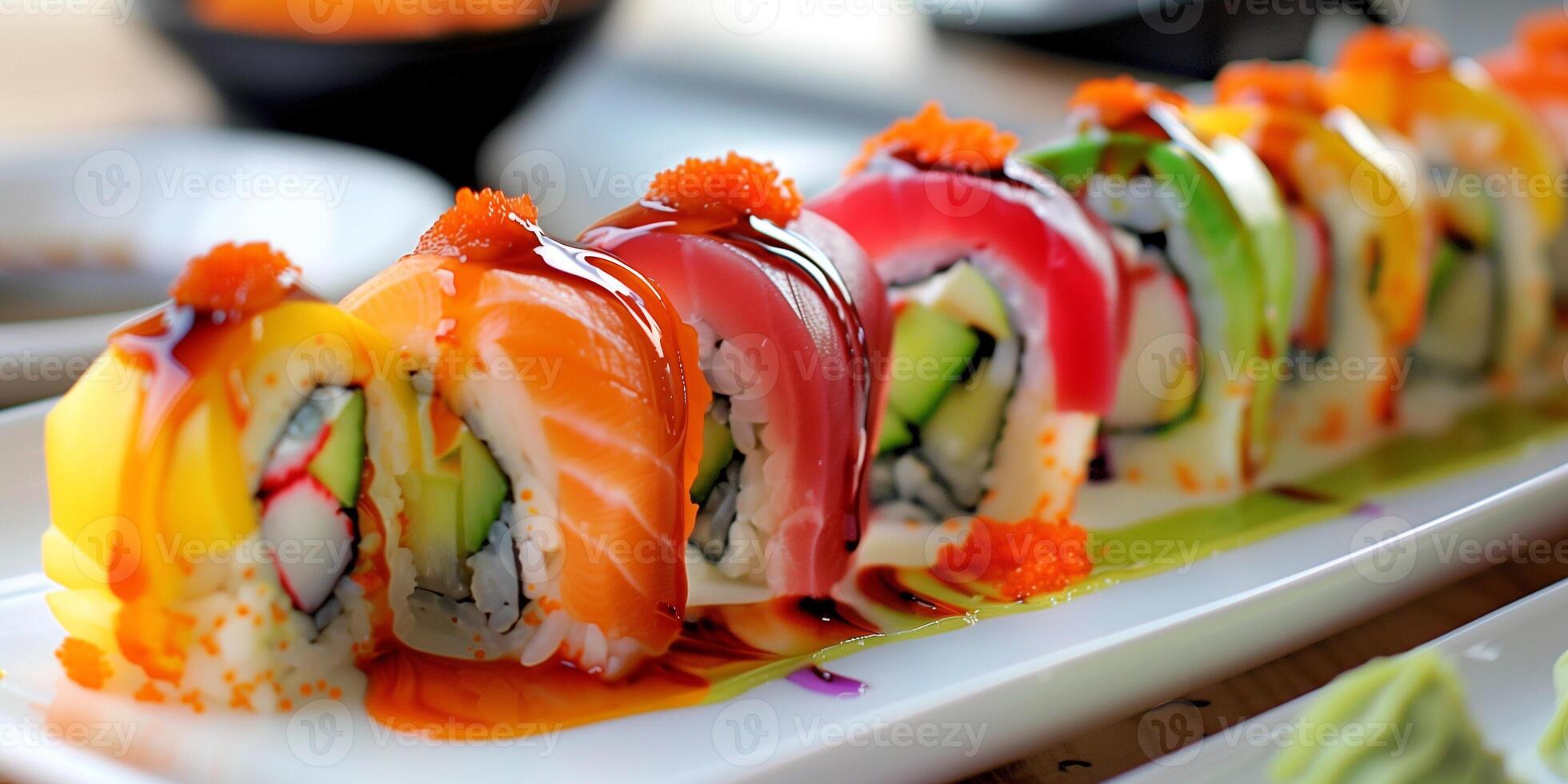Colorful vegetable sushi rolls with avocado, cucumber, bell peppers, and soy sauce, photo
