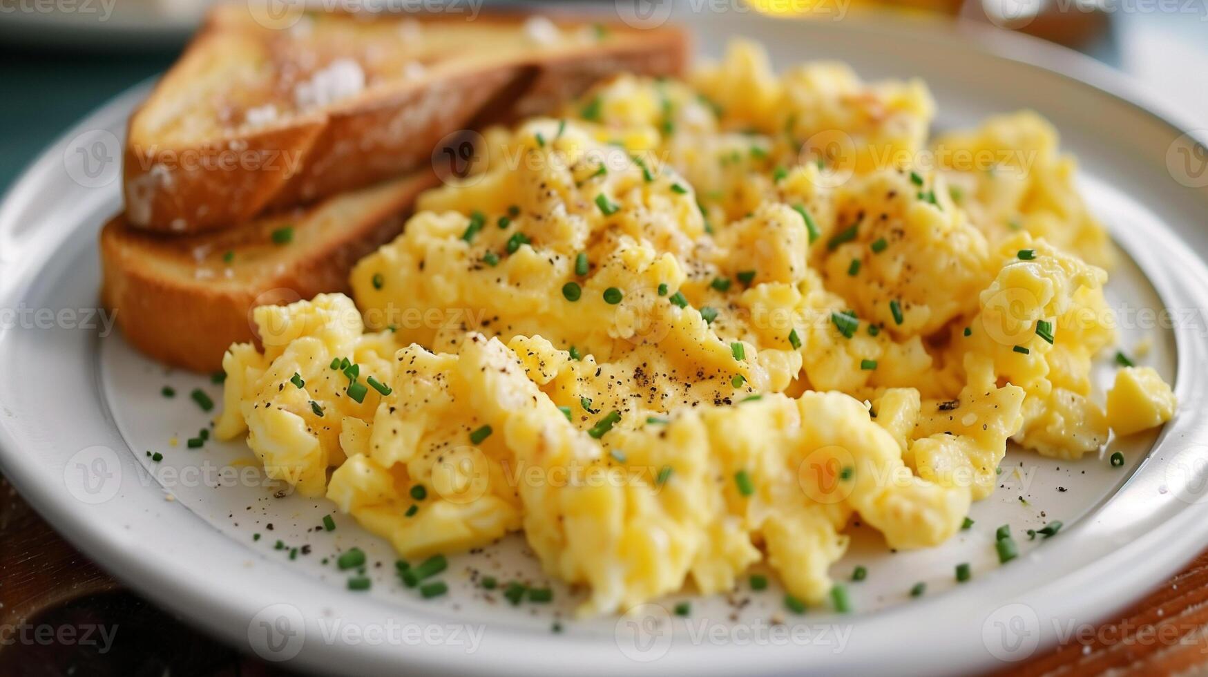 Plate of fluffy scrambled eggs with crispy hash browns and buttered toast, photography photo