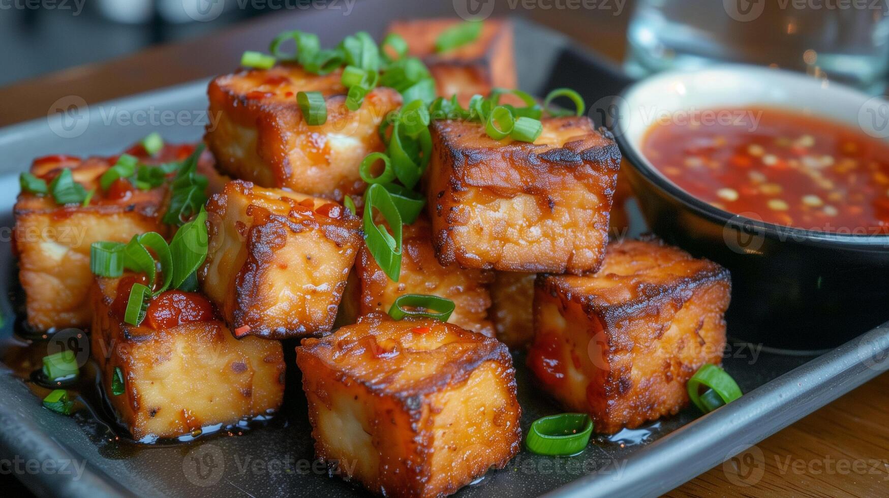 Golden-brown crispy tofu cubes with spicy dipping sauce and green onions, photography photo