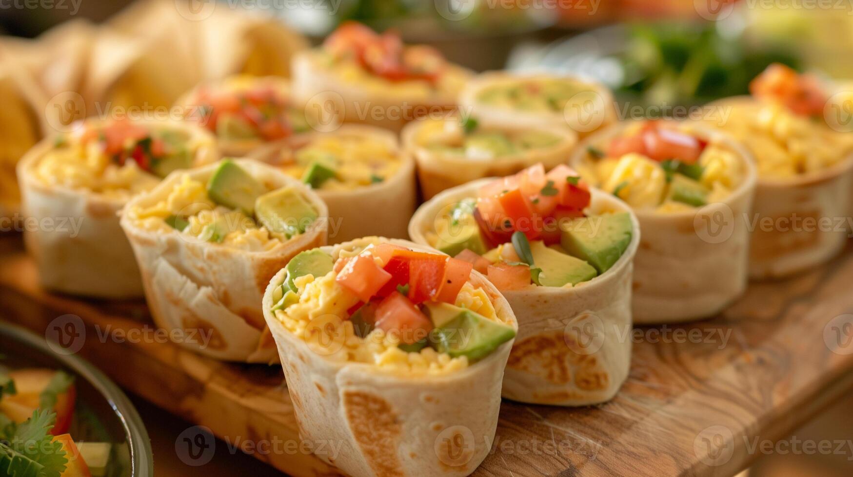 Mini breakfast burritos with scrambled eggs cheese avocado and salsa on a wooden board, picture photo