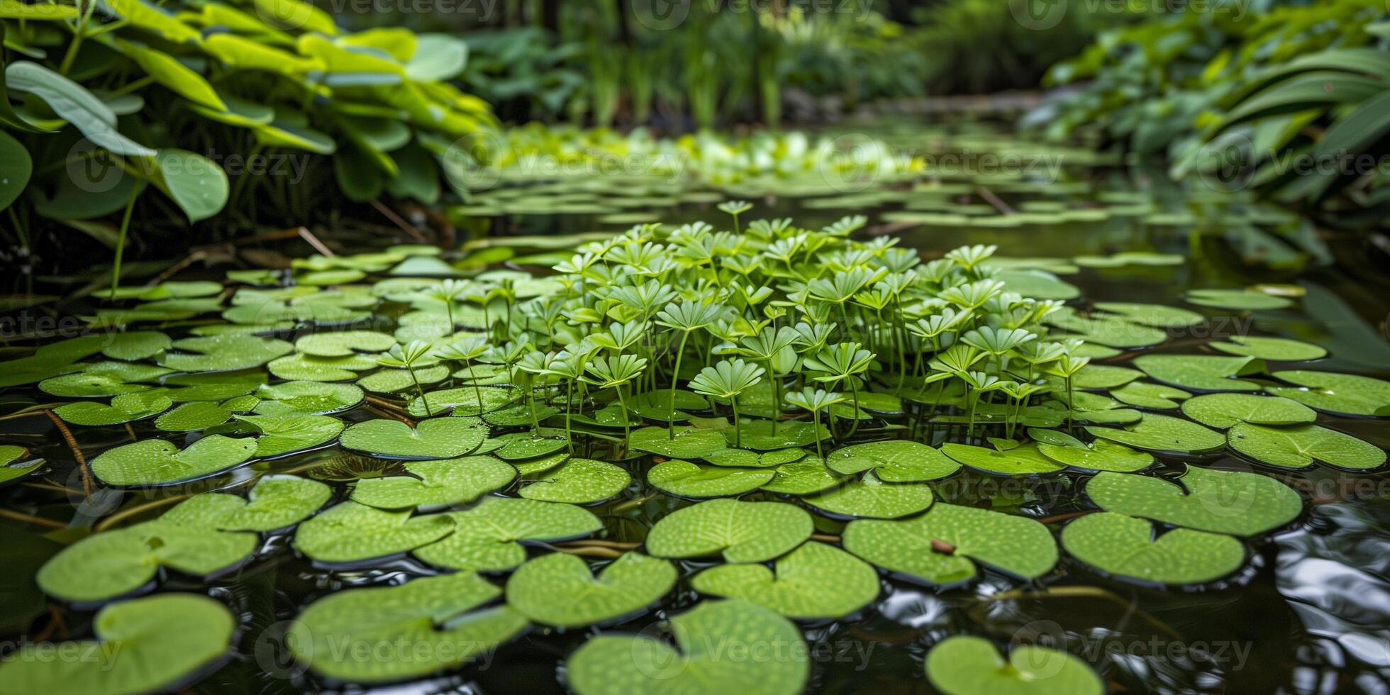 Floating mat of Pistia stratiotes creating dense cover over water in pristine pond, photography photo
