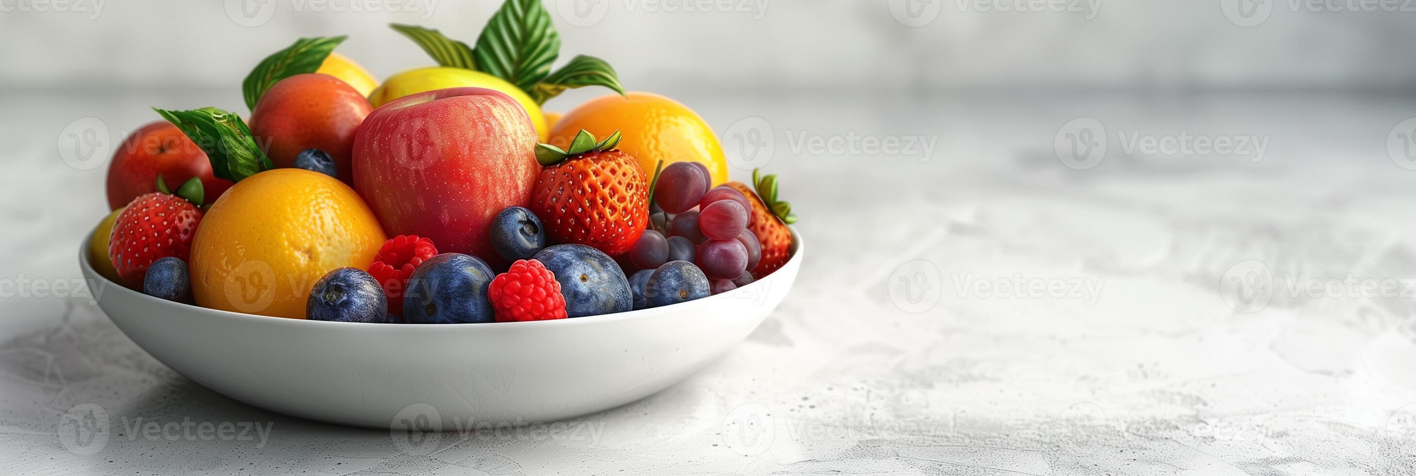Realistic image of a bowl of fruit on a plain white table, picture photo