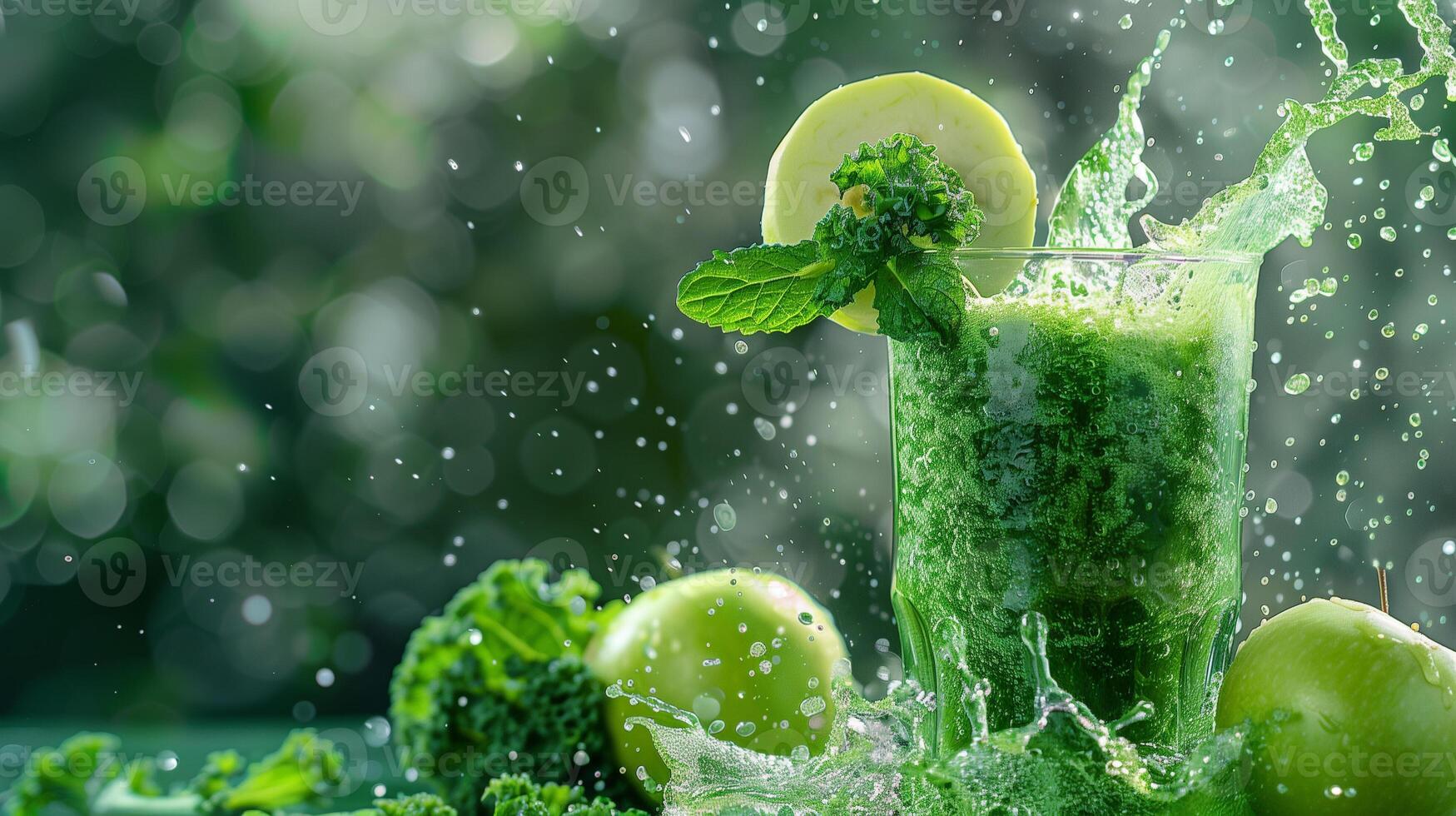 Green smoothie with spinach kale green apple banana coconut water garnished with mint leaf, photorealistic photo