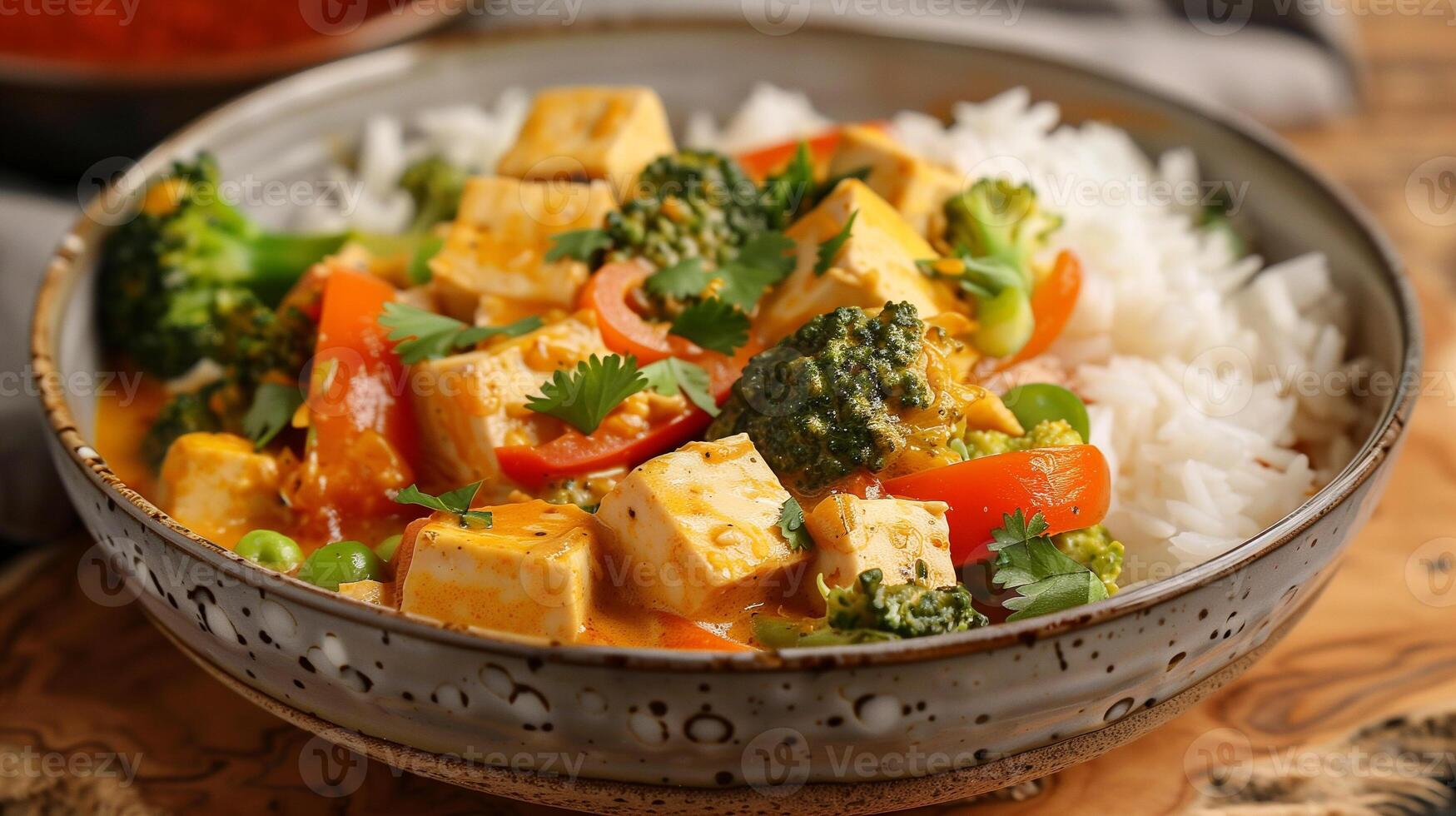 Bowl of coconut curry with tofu bell peppers broccoli carrots served over jasmine rice, picture photo