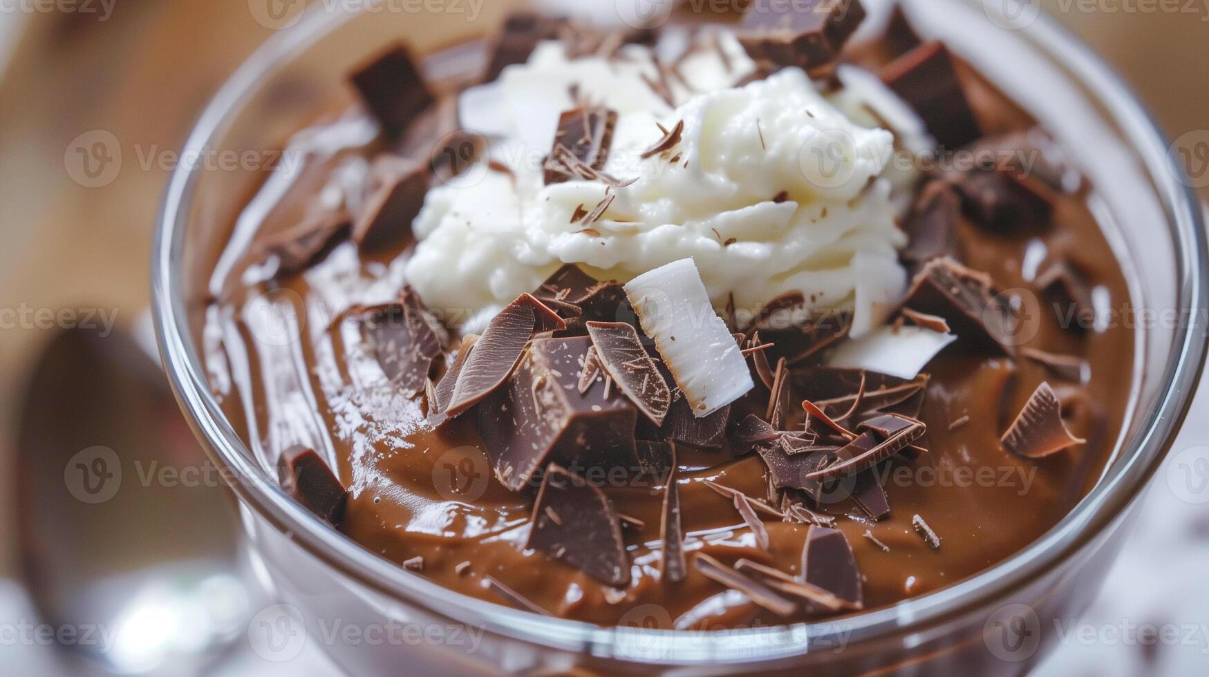 Avocado chocolate pudding topped with coconut whipped cream and shaved dark chocolate, photography photo