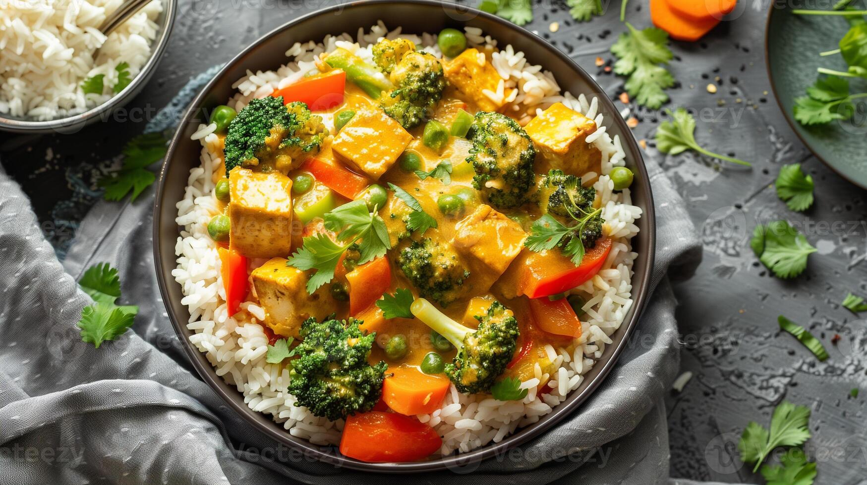 Bowl of coconut curry with tofu bell peppers broccoli carrots served over jasmine rice, photo