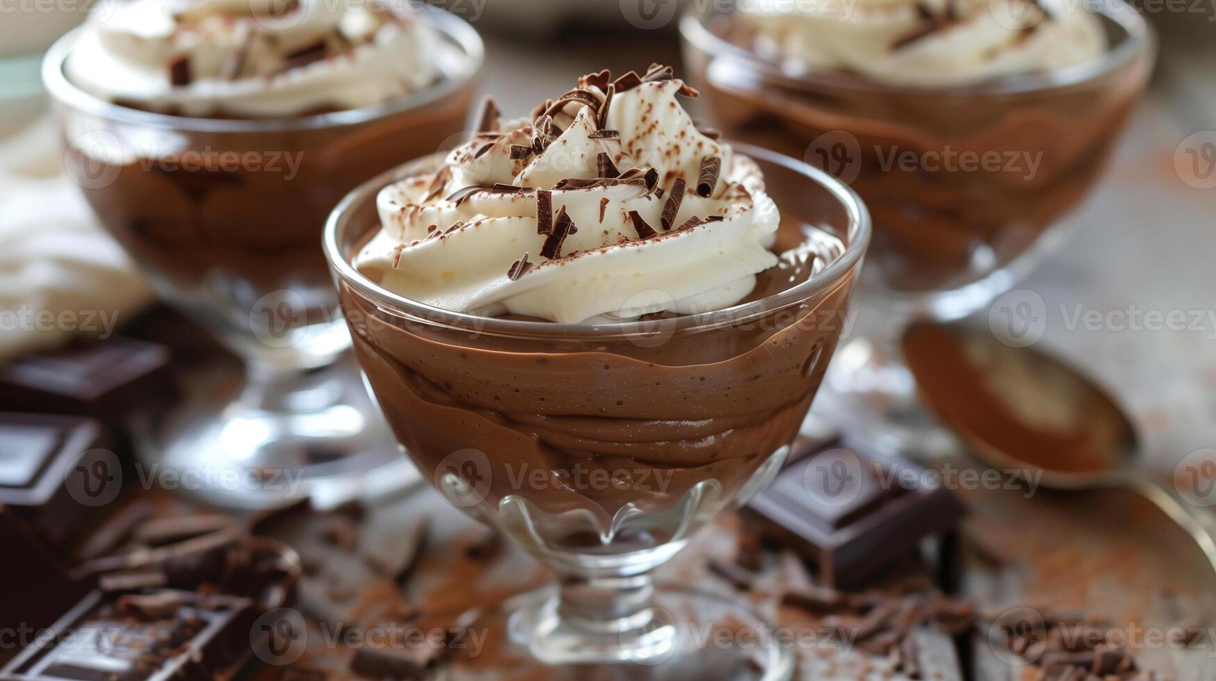 Rich and creamy chocolate mousse served in elegant glass cups topped with whipped cream and chocolate shavings, photo